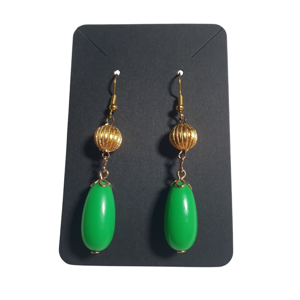 Gold Tone Green Drop Earrings Ribbed Bead Fishhook Back Lightweight Jewelry Gift